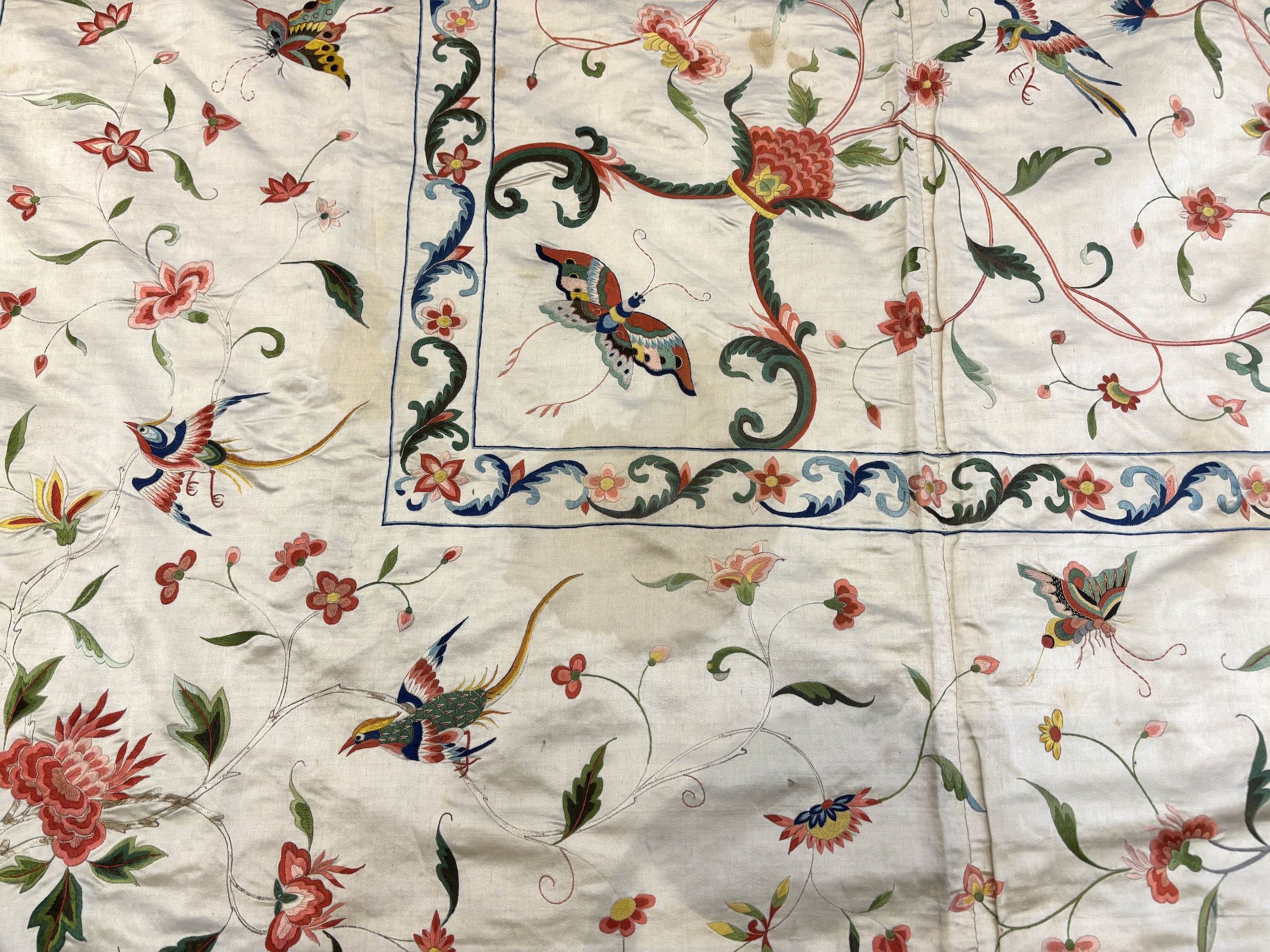 A fine Chinese 19th century silk polychrome embroidered cream silk bed cover, 290cm long x 278cm wide (both curtains together)